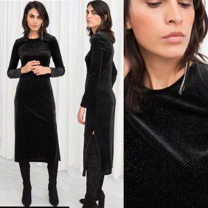 & OTHER STORIES Long Sleeve Velvet Midi Black Dress Bodycon Gold Sparkles Sz. 2